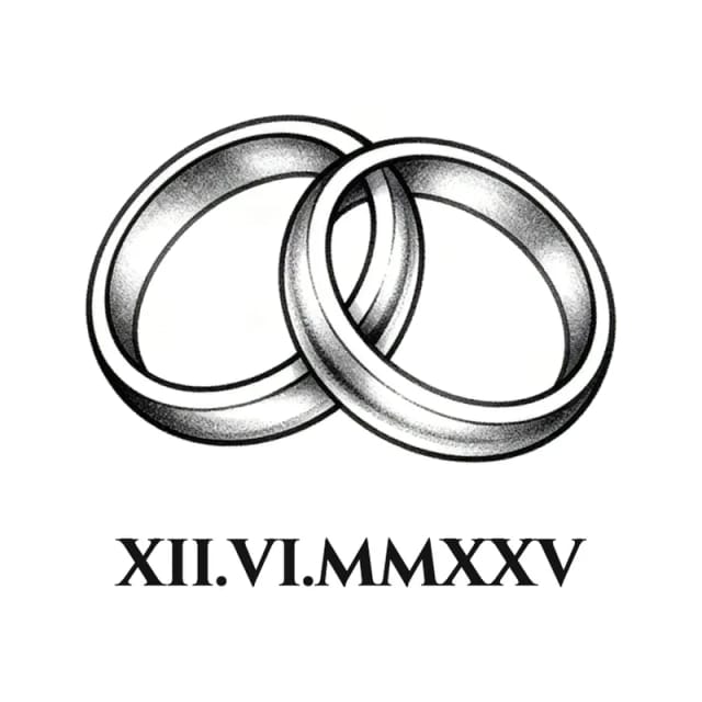 Fine line tattoo design of two interlocking wedding rings with the date XII.VI.MMXXV in Roman numerals