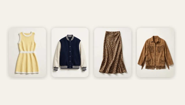 Four garment photos that work: a knit dress, a varsity jacket, a leopard skirt and a suede fringe jacket