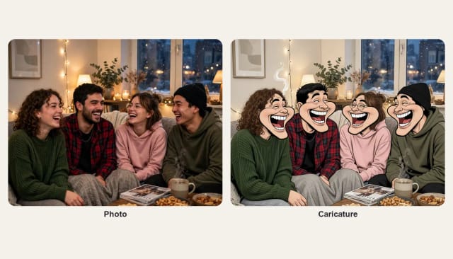 A photo of four friends laughing on a sofa and the same scene as a group caricature with big heads and big grins