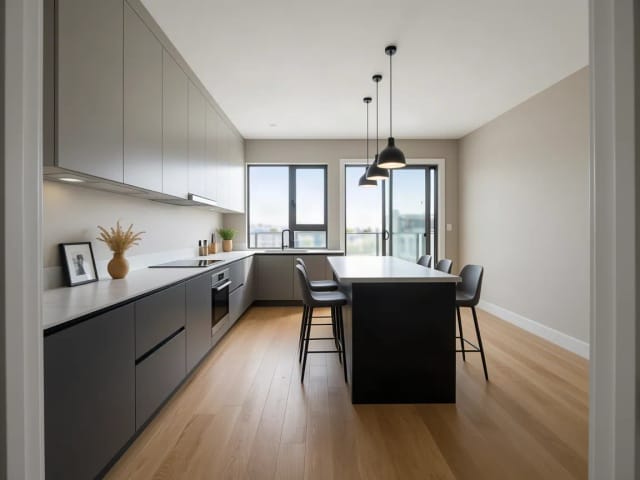Das leere Wohnzimmer als moderne Küche mit Kochinsel und Pendelleuchten eingerichtet