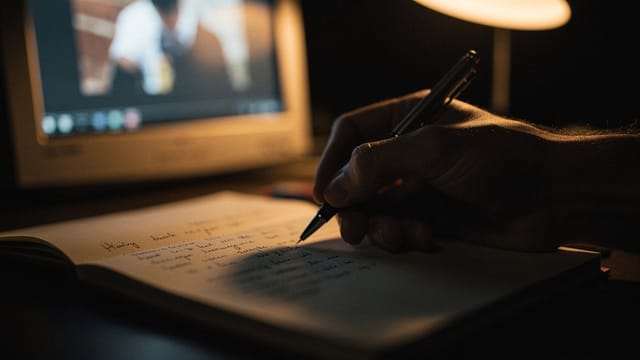 A hand writing camera directions in a notebook beside a monitor