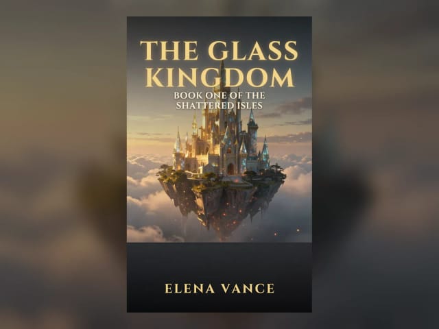 AI fantasy book cover: a glass castle on a floating island above the clouds, with the title in gold capitals