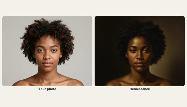 A photo of a young woman and the same woman as a Renaissance-style portrait with warm light on a dark background