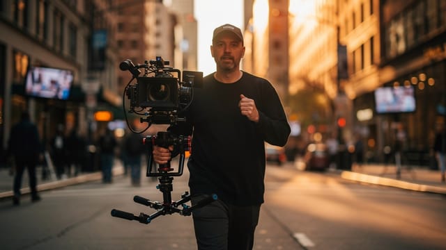 A camera operator moving through a scene with a stabiliser