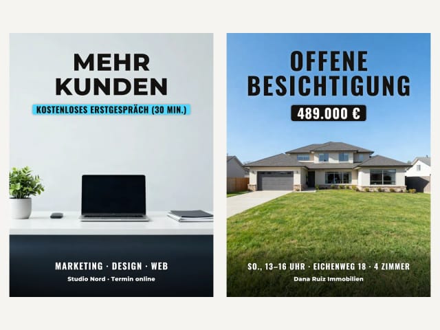 Business-Flyer und Flyer für eine offene Besichtigung mit Preis, Adresse und Kontakt