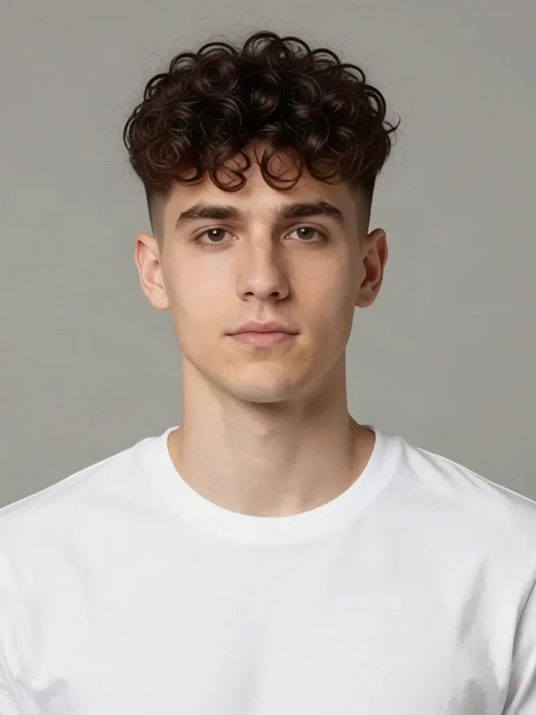 A young man with short brown hair with a curly top with a fade, made with the AI hairstyle changer