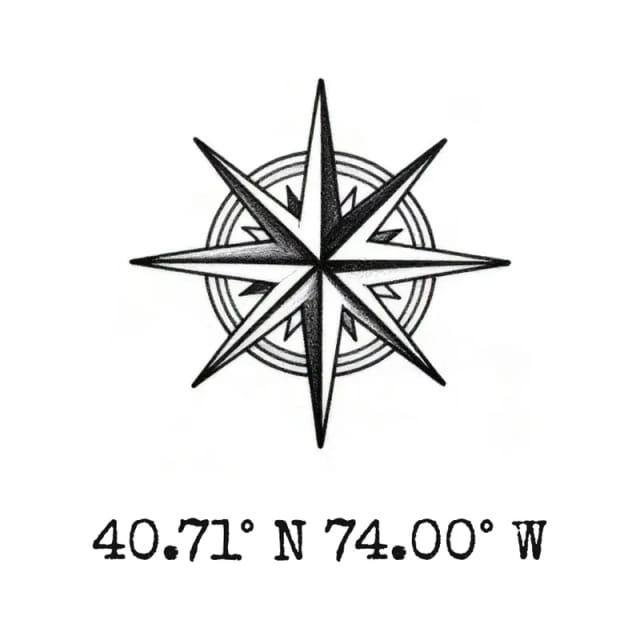 Fine line tattoo design of a compass rose with map coordinates underneath