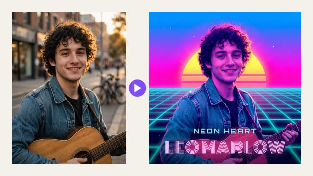 Ein Alltagsfoto eines jungen Musikers mit Gitarre, verwandelt in ein Synthwave-Albumcover mit seinem Namen in Neon
