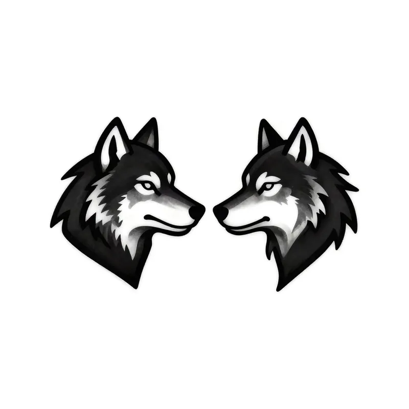 Blackwork couple tattoo designs of two wolf heads facing each other