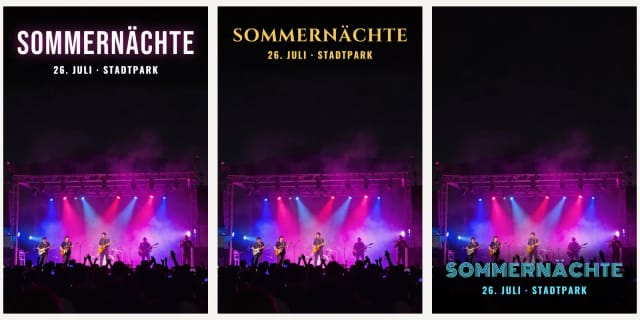 Dasselbe Konzertplakat mit drei Schriften: schmal in Weiß, klassisch in Gold und Neon unten