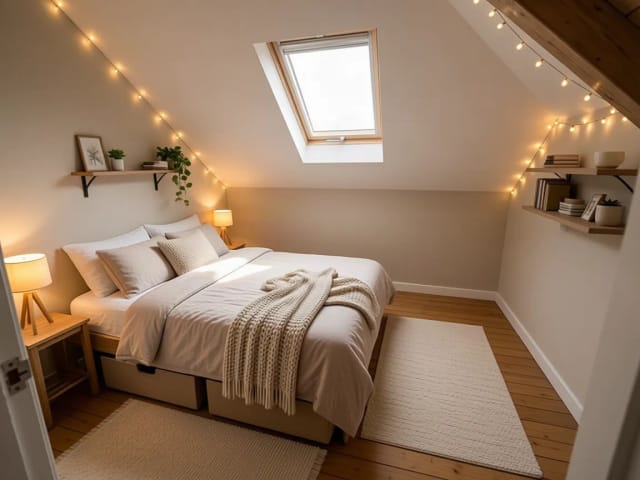 Ein Dachschlafzimmer, neu gestaltet mit warmen Tischlampen und einer Lichterkette an der Dachschräge