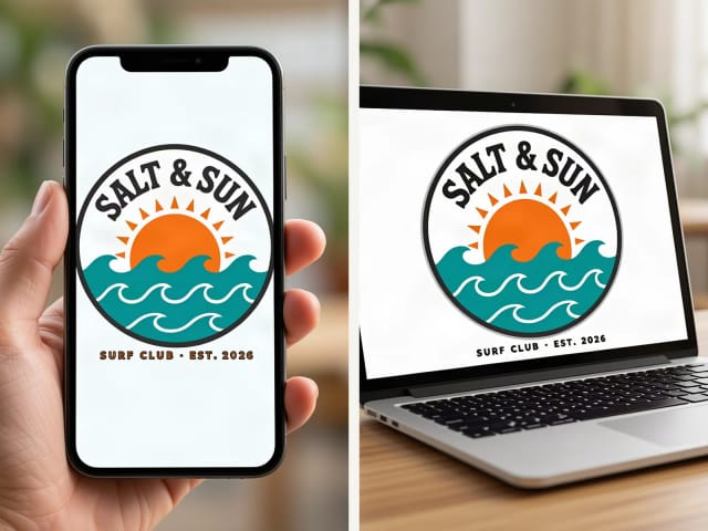 Phone screen and laptop screen mockups showing the same design on a smartphone and an open laptop