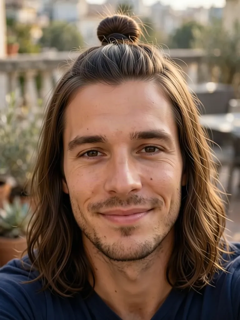 A man with wavy brown hair with a half-up top knot, made with the AI hairstyle changer