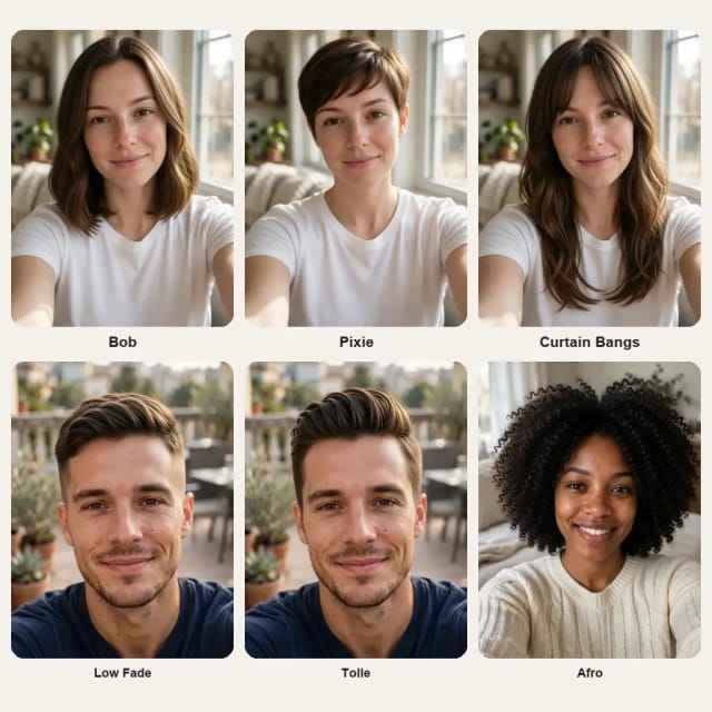 Vorschau der Frisuren: Bob, Pixie und Curtain Bangs bei einer Frau, Low Fade und Tolle bei einem Mann, und ein Afro