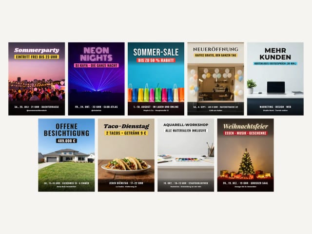 Die neun Flyer-Arten: Party, Clubnacht, Sale, Neueröffnung, Business, Immobilien, Restaurant, Workshop und Weihnachtsfeier