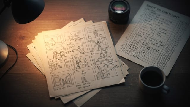 A shot list and storyboard frames laid out on a desk
