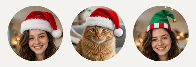 Three round Christmas profile pictures: a woman in a Santa hat, a cat in a Santa hat and a woman in an elf hat