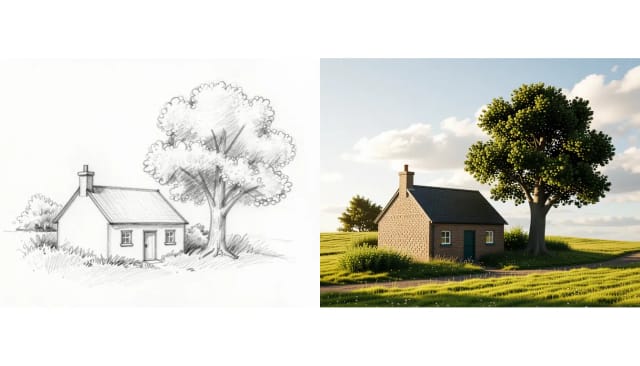 A pencil sketch of a small house and a tree, and the same sketch rendered as a realistic photo