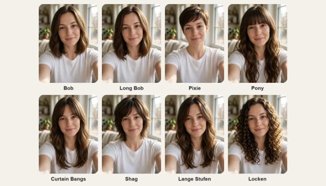 Dieselbe Frau mit acht Frisuren: Bob, Long Bob, Pixie, Pony, Curtain Bangs, Shag, lange Stufen und Locken