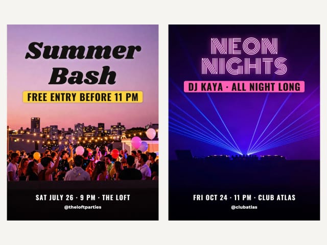AI party and club night flyers with a big headline, an offer band and the date