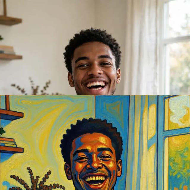 Das Beispielporträt vorher und nachher, von der KI expressionistisch gemalt