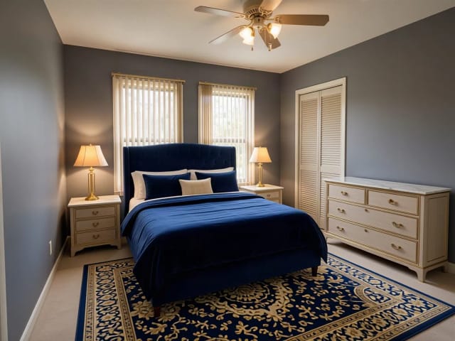 Ein altes Elternschlafzimmer, neu gestaltet mit einem marineblauen Samtbett und Messinglampen
