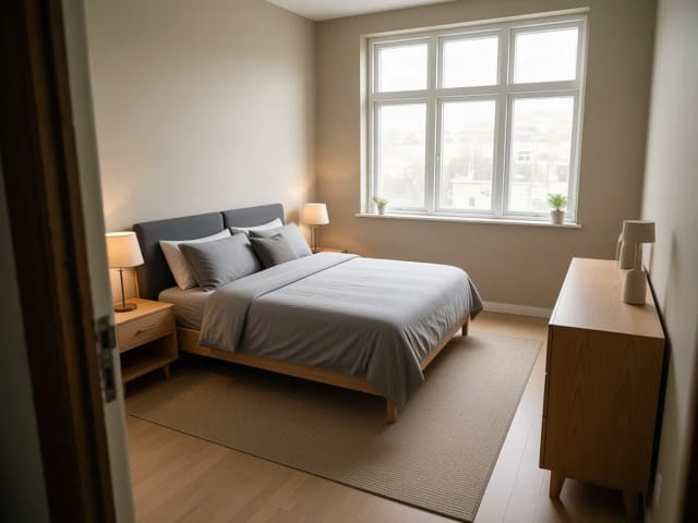 Ein kleines Schlafzimmer, neu gestaltet im Japandi-Stil, mit warmem Holz und grauer Bettwäsche