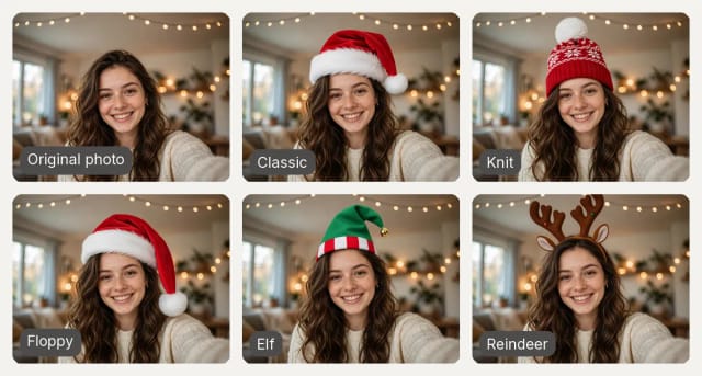The same woman in her original photo and wearing a classic Santa hat, a knit Christmas hat, a floppy Santa hat, an elf hat and reindeer antlers