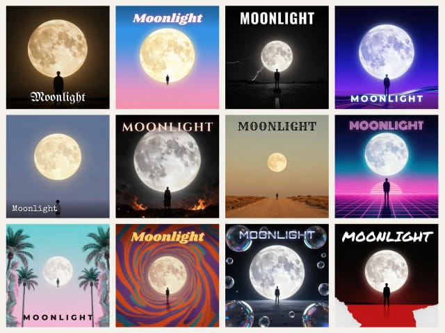 Zwölf Albumcover-Stile mit derselben Mondszene, von Hip-Hop und Rock bis Synthwave, Vaporwave und Punk