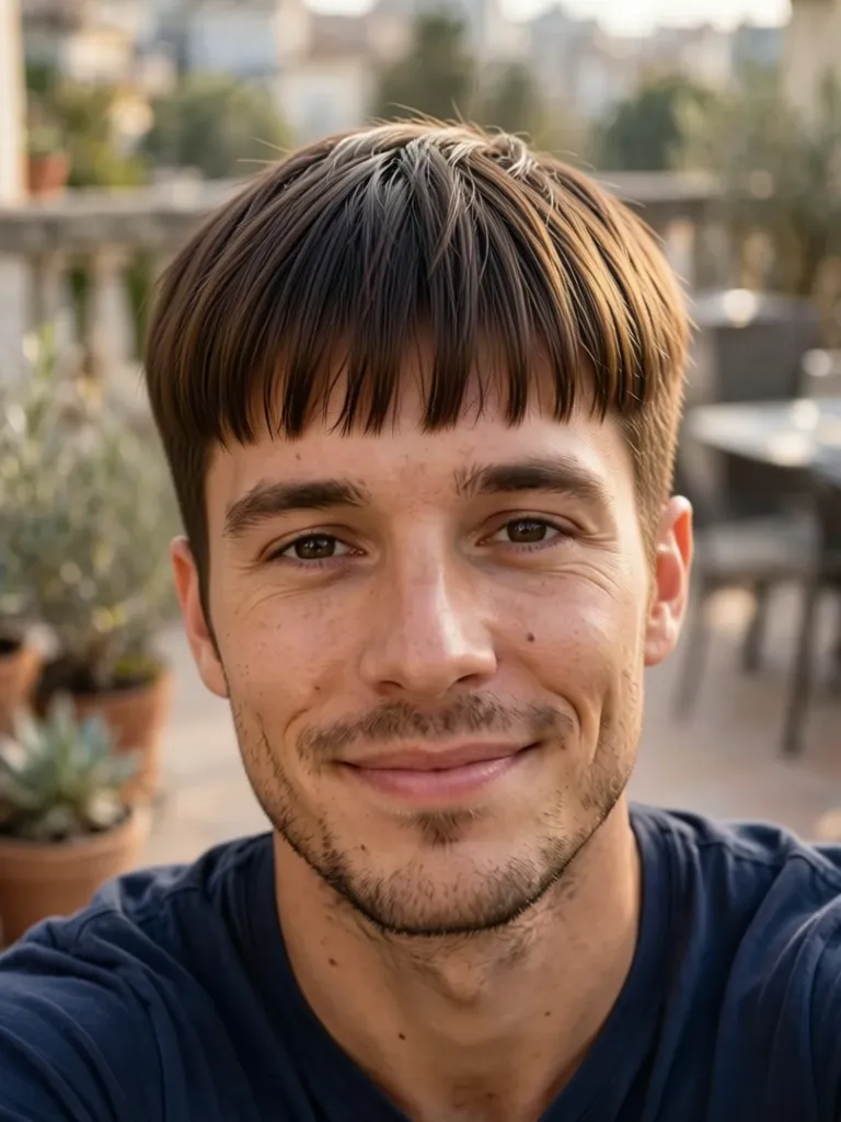 A man with wavy brown hair with a Caesar cut, made with the AI hairstyle changer