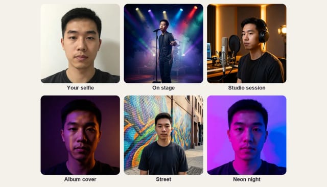 A selfie of a young man and the same man in five musician photoshoot styles: On stage, Studio session, Album cover, Street and Neon night