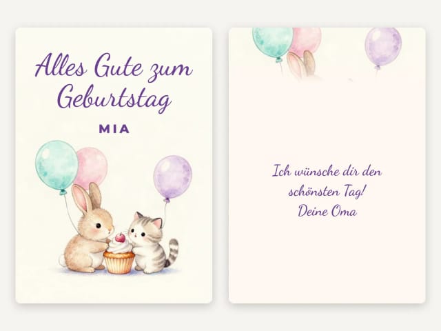 Die Vorderseite einer Geburtstagskarte neben der Innenseite mit einer handgeschriebenen Nachricht