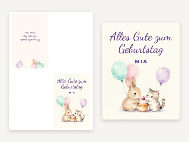 Ein Faltblatt zum Drucken mit der Karte und der Nachricht, daneben dieselbe Karte als E-Card