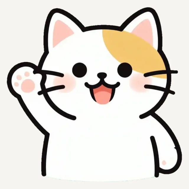 A bold cartoon cat emote waving, cut out on a transparent background for Twitch chat