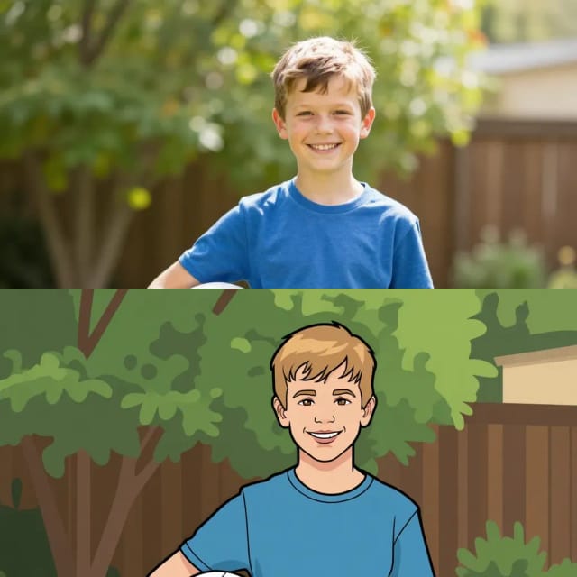 The sample photo before and after the AI turned it into a cartoon