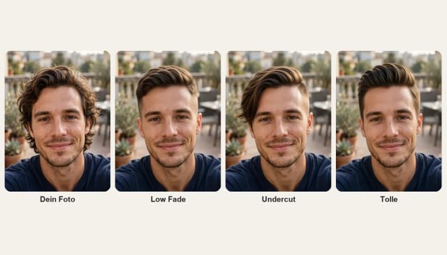 Ein Mann mit mittellangen, welligen Haaren, dann dasselbe Selfie mit Low Fade, Undercut und Tolle