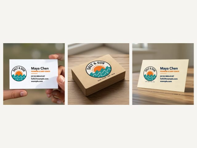 Business card mockups in hand, in a stack and as a close-up
