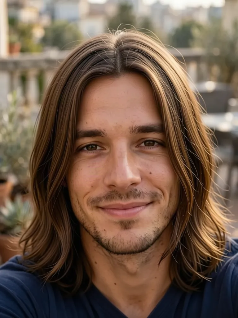 A man with wavy brown hair with long hair with a middle part, made with the AI hairstyle changer