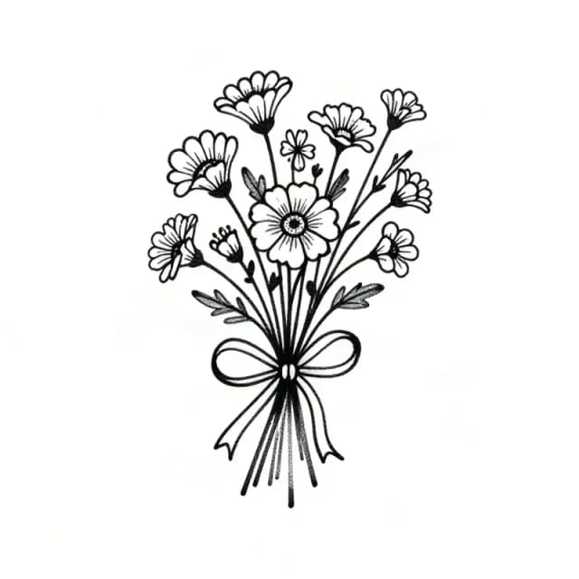 Fine line tattoo design of a small bouquet of wildflowers tied with a ribbon