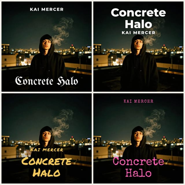 Dasselbe Album-Artwork mit vier verschiedenen Schriften: Fraktur, fette Sans, Marker und Schreibmaschine
