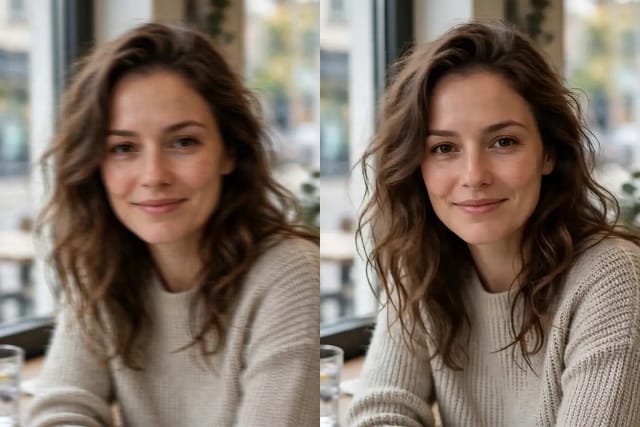 A blurry portrait and the same portrait after the image clarity fix