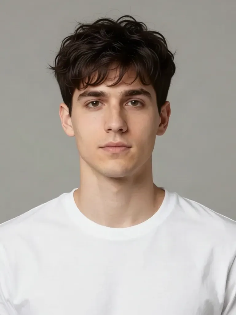 A young man with short brown hair with messy waves on top, made with the AI hairstyle changer
