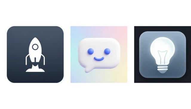 Three app icons made with the AI icon generator: a flat rocket, a 3D chat bubble and a glass lightbulb