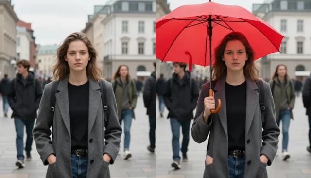A young woman in a town square, and the same photo with an open red umbrella added in her hand by AI