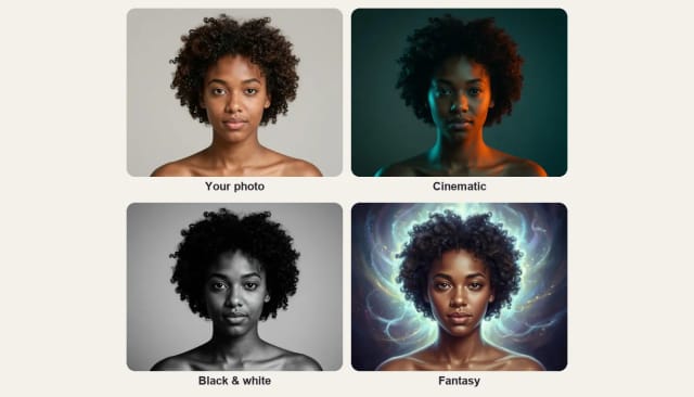 A photo of a young woman and the same woman as a cinematic, a black and white and a fantasy portrait