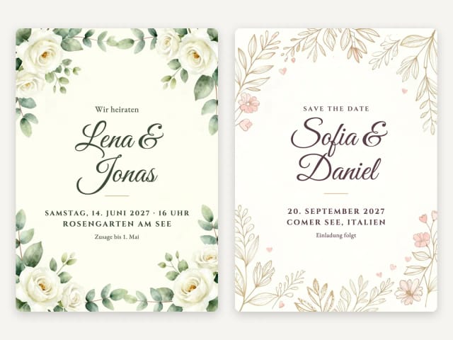 Eine Hochzeitseinladung für Lena und Jonas neben einem Save the Date für Sofia und Daniel