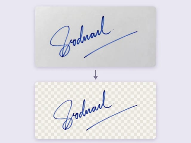 A photo of a signature in blue ink on paper and the same signature with a transparent background