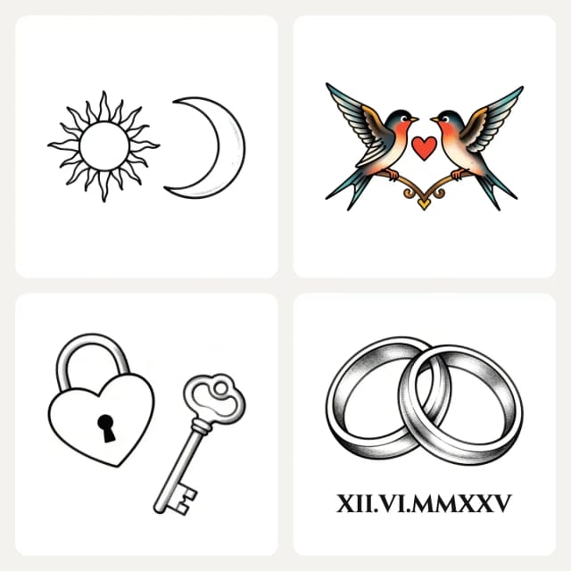 Four couple tattoo designs: sun and moon, two swallows, a lock and key, and two wedding rings with a date in Roman numerals