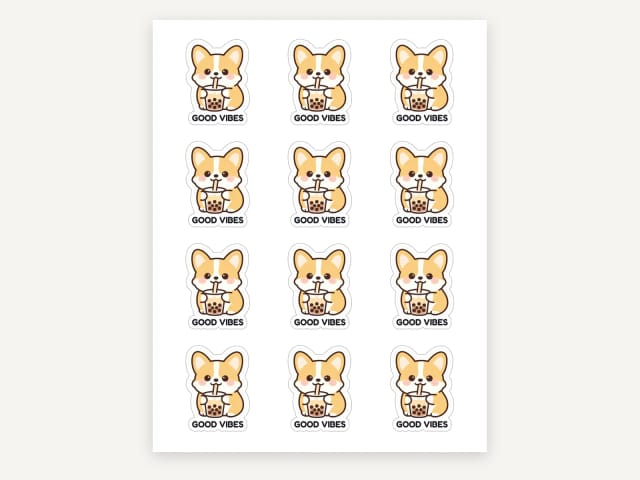 A printed sheet of 12 die-cut stickers with grey cut lines