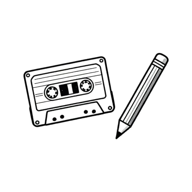 Fine line couple tattoo designs of a cassette tape and a pencil